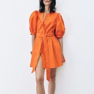 Zara Orange Poplin Puff Sleeve Button Front Mini Dress S